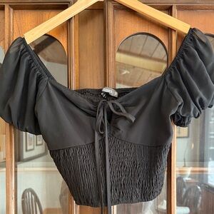 Missguided Chiffon Shirred Waist Puff Sleeve Blouse in Black